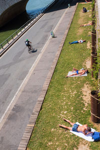 High angle view of people riding motorcycle