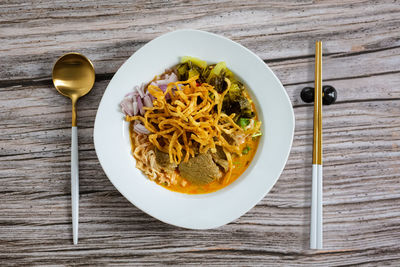 High angle view of soup in bowl on table