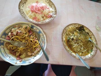 High angle view of food served on table