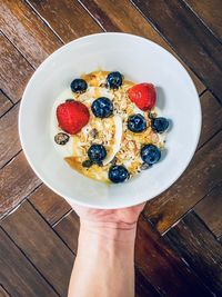 High angle view of breakfast served on table