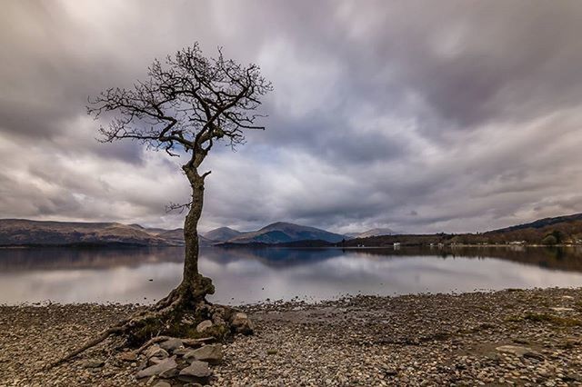 tranquil scene, water, tranquility, sky, lake, scenics, cloud - sky, beauty in nature, cloudy, mountain, nature, reflection, tree, weather, cloud, non-urban scene, bare tree, idyllic, mountain range, river