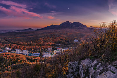 High angle view of townscape against sky during sunset