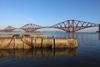 Bridge over calm river against clear blue sky