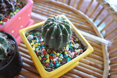 High angle view of candies in basket on table