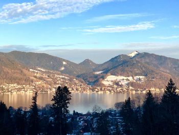 Scenic view of lake by mountains against sky