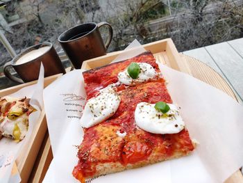 High angle view of breakfast on table