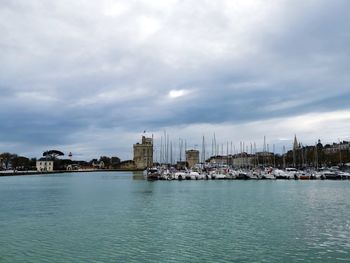 View of buildings in city against cloudy sky