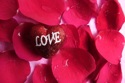 Close-up of love text on heart shape with wet rose petals