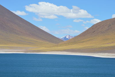 Scenic view of lake against cloudy sky