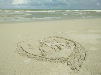 High angle view of text on beach