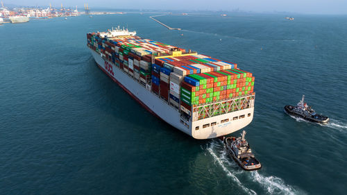 High angle view of ship in sea
