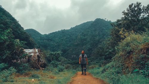 Rear view of person walking on mountain against sky