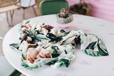 High angle view of dessert in plate on table