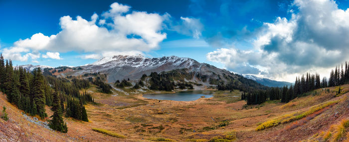 Panoramic view of lake by mountains against sky