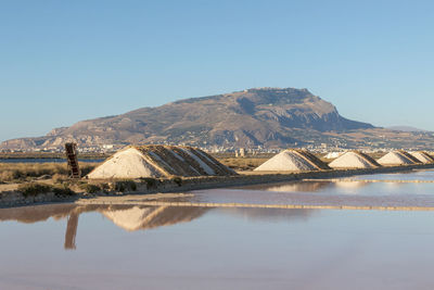 Scenic view of lake and mountains against clear blue sky