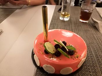 High angle view of drink in glass on table