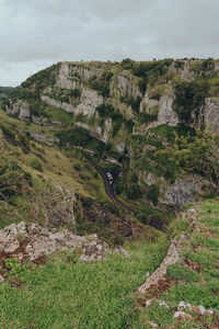 View of the car park from the hop of the cheddar gorge near the village of cheddar, england.