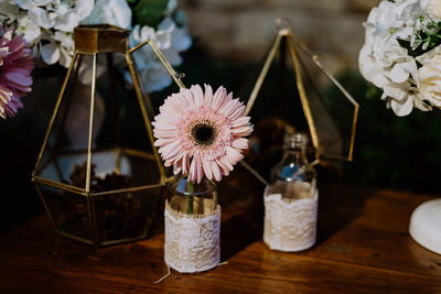 Close-up of purple flower in vase on table