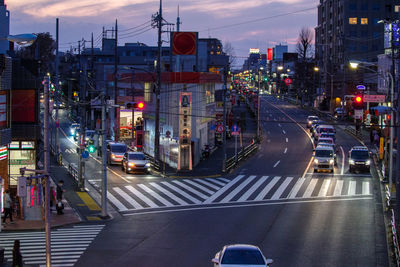 High angle view of city street at night