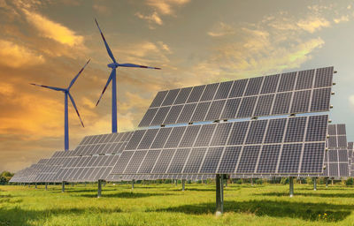 Solar panels and wind turbines are installed as renewable energy sources for electricity.