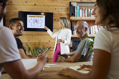 High angle view of business colleagues working at office