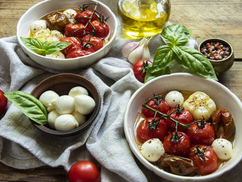 High angle view of fruits in bowl on table