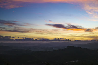 Scenic view of silhouette mountains against sky at sunset