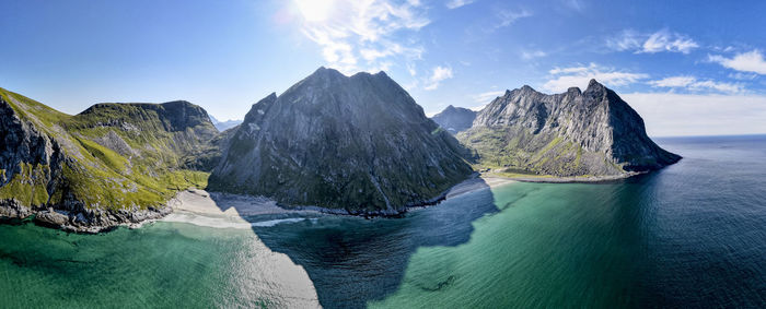 Panoramic view of sea and mountains against sky