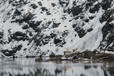 Scenic view of lake by snowcapped mountain during winter