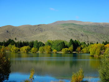 Scenic view of lake against clear blue sky