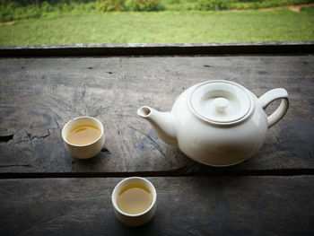 High angle view of tea cup on table