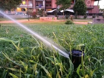 Blurred motion of water flowing in grass