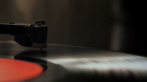 Close-up of record playing on turntable