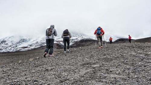 Rear view of people walking against snowcapped mountains