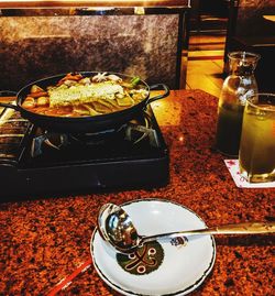 High angle view of food on table in restaurant