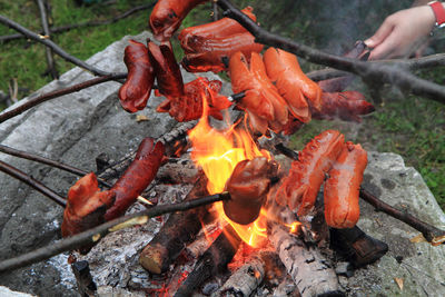 Close-up of meat on barbecue grill