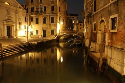 Reflection of illuminated buildings in canal at night