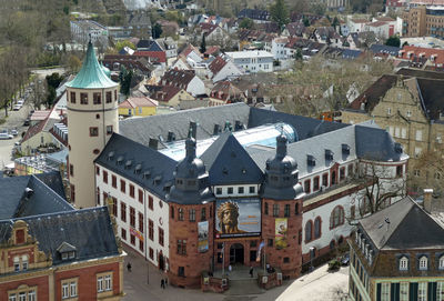 High angle view of old buildings in town