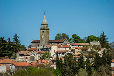 High angle view of townscape against clear blue sky