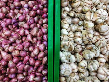 Fresh onions and garlics in each containers.