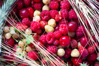 High angle view of strawberries in market