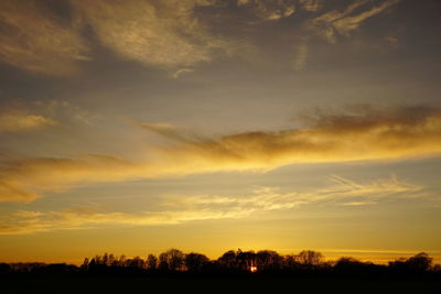 Silhouette trees against dramatic sky during sunset