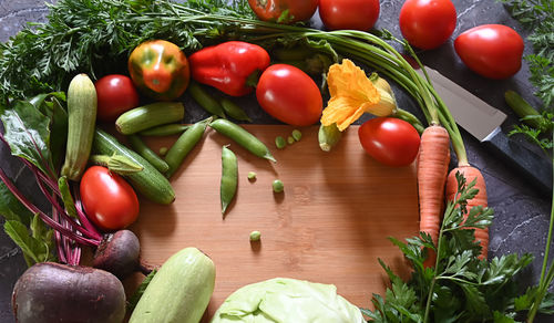 High angle view of vegetables on table