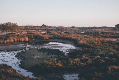 Scenic view of lake against clear sky