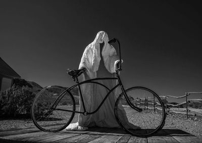 Rear view of people on bicycle against clear sky