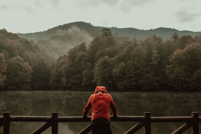 Rear view of man standing by railing against lake