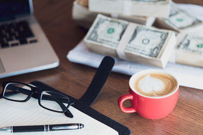 High angle view of coffee cup on table