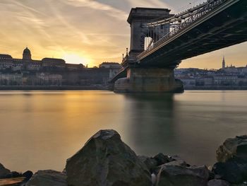 Bridge over river at sunset