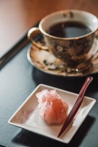 Close-up of ice cream in plate on table