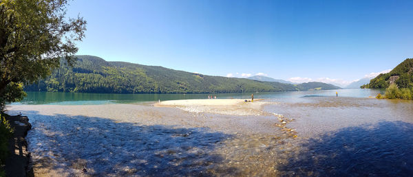 Scenic view of lake against clear blue sky